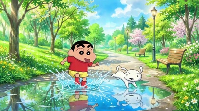 森林公园里的蜡笔小新玩水日常