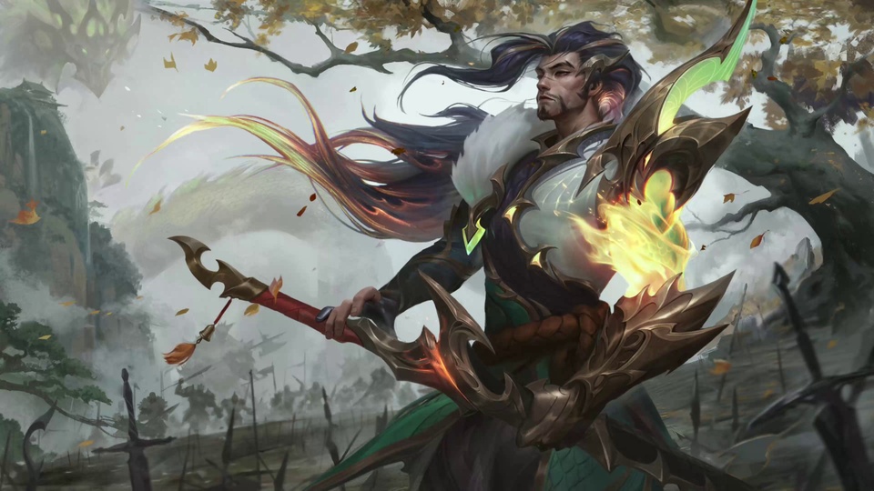 秋雾古战场中持剑的古风长发男性插画