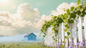 郊外蓝天白云草地小屋藤曼花朵