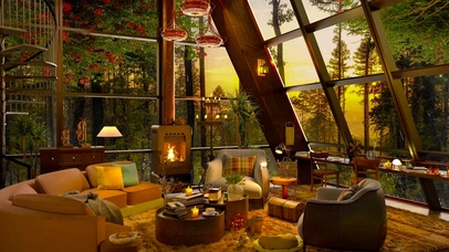 傍晚雨天森林小屋