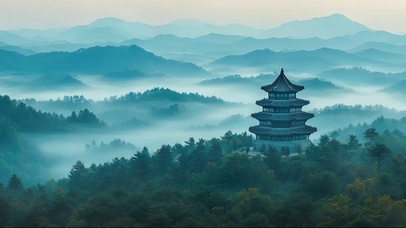 云雾群峰山顶古塔