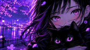 紫调樱花下的粉瞳少女与黑猫