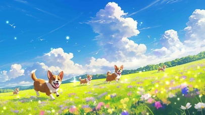 阳光下草地快乐奔跑柯基狗狗可爱