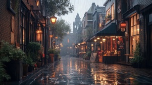阴天商店街道的雨景