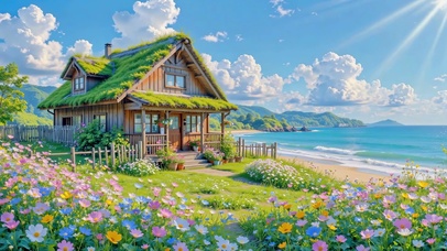 海边开满花的童话木屋