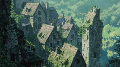 静谧绿色山林城堡风景