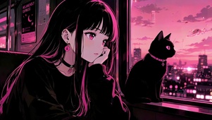 列车窗边的粉瞳少女与黑猫