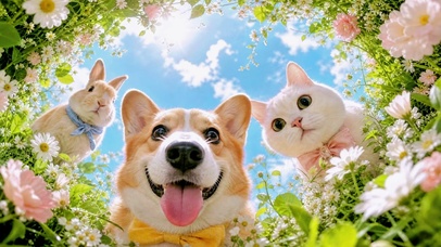 花丛探头的三小只