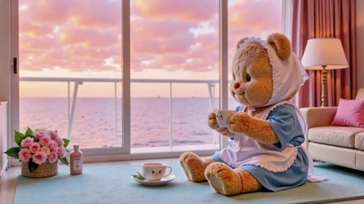 海边日落的黄油小熊下午茶