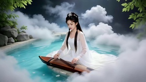 梦幻仙境池中弹琴仙气美女