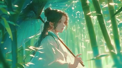 绿色系竹林伞古风美女