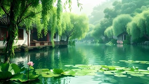 绿色护眼柳树湖泊