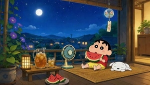 蜡笔小新夏夜庭院吃西瓜