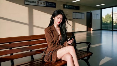 大厅长椅上听歌的长发美女