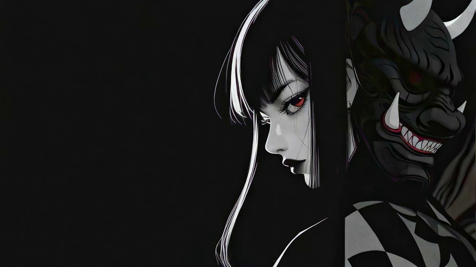 纯黑背景右侧绘有侧颜黑白少女，身旁露出带白角尖牙的般若面具，红衣红眼点缀。