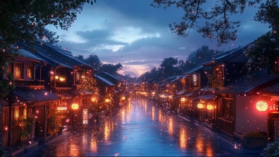 傍晚河岸古镇静谧建筑