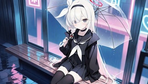 雨夜撑伞白发二次元美少女
