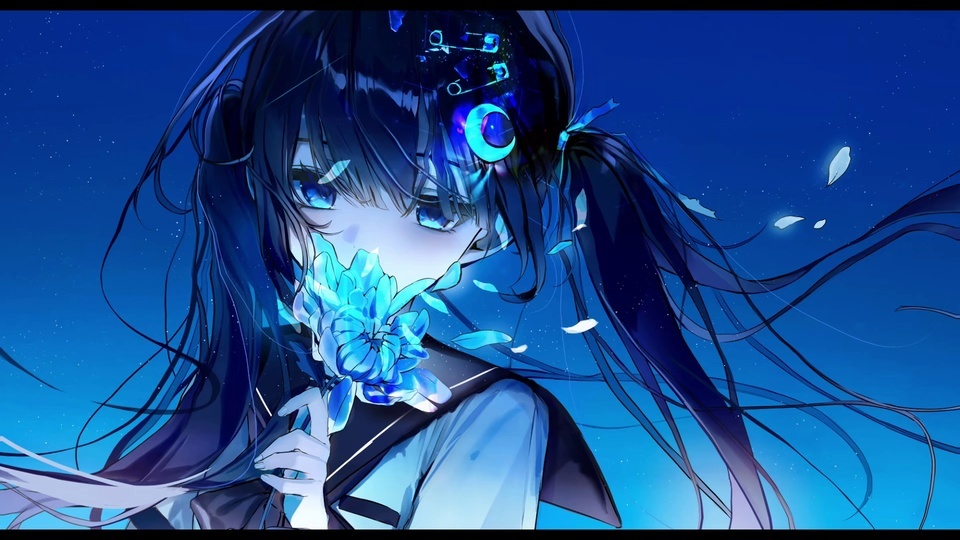 蓝色夜空背景里，持蓝菊的双马尾二次元少女，发丝随风飘动