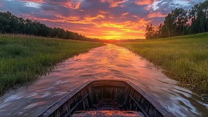落日溪流木船