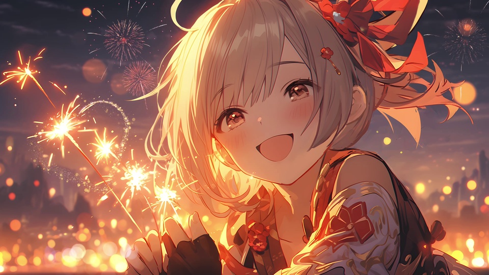 扎金色长发的少女手持多支发光仙女棒，身处橙红与深靛蓝交织的夜景中，背景有绽放的烟花与虚化城市暖光光斑。