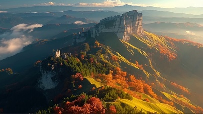 落日奇石连绵山脉