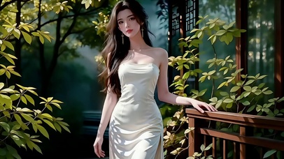 古风庭院中踏青的长发美女