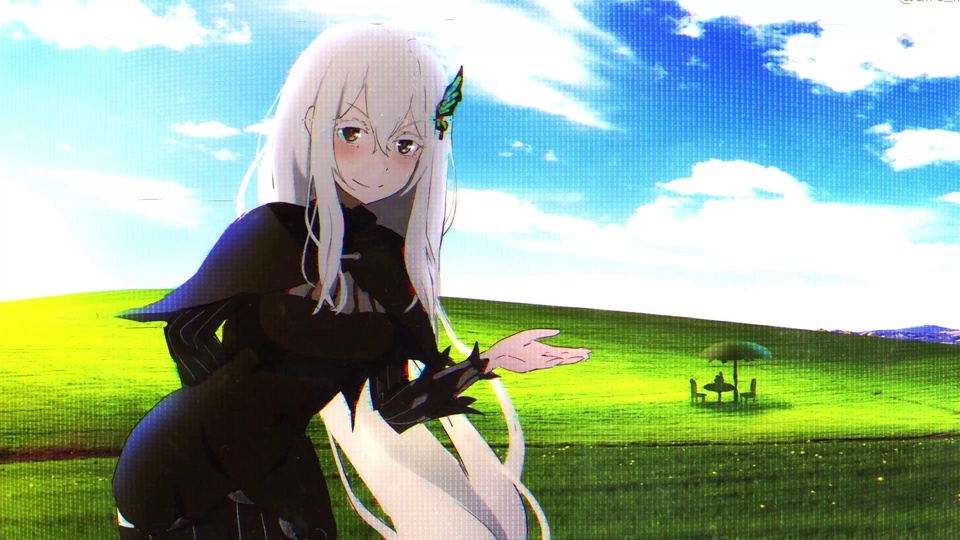 长发黑衣少女站在绿草原上抬手，身后是蓝天与远处的遮阳桌椅