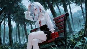 雨天长椅上女孩