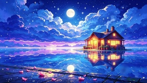 唯美静谧月夜小屋