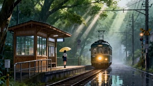 夜景雨天树木