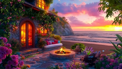 夕阳海边小屋篝火