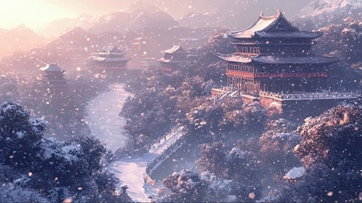 远看冬日大雪宏伟古城