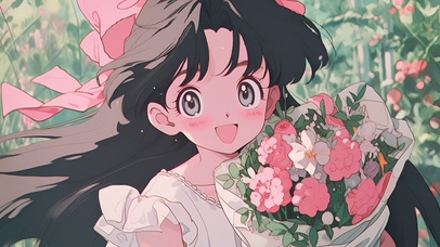 唯美捧花少女动漫插画