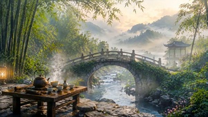 山水石桥流水竹林品茶