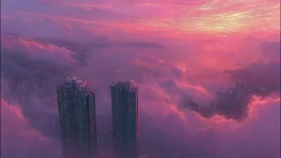 港风城市摩天大楼晚霞