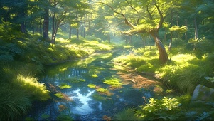 阳光绿色森林溪流