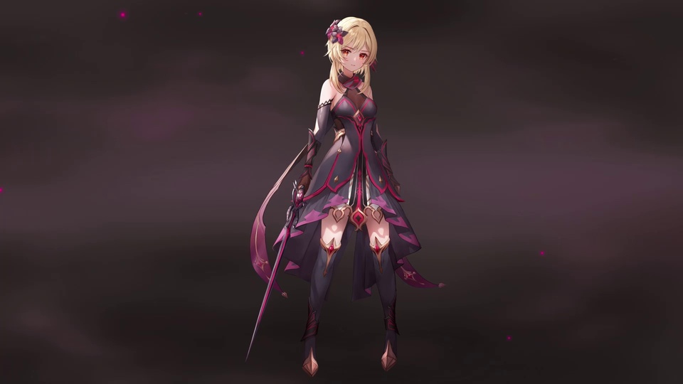 金发红瞳二次元少女持细剑，身着黑紫镶粉边礼服站立。