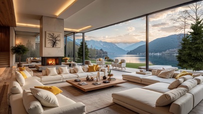 傍晚湖景山景客厅