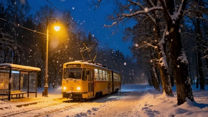 雪夜暖灯的电车林径冬夜治愈雪景