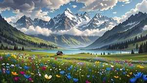 动漫草原雪山