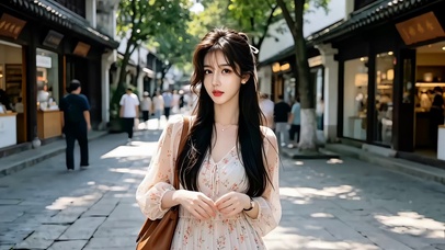 在古巷步行商业街闲逛的美女