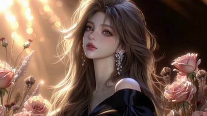 暖光玫瑰簇长发美女