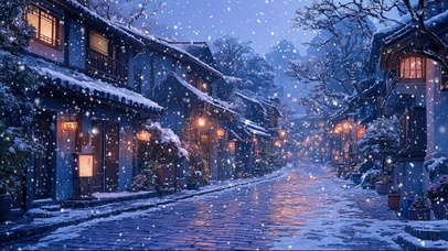 冬夜大雪紫色古城街道