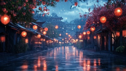 小镇静谧秋日雨夜