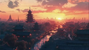 溪流古城黄昏落日风景