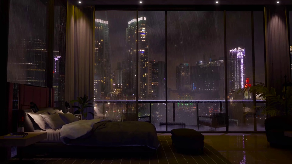 高层卧室望向雨夜霓虹城市的落地窗景观
