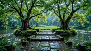 静谧雨天森林水景