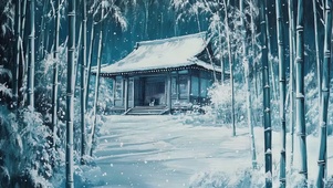 白雪冬日竹林古风建筑