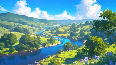 清新绿色阳光草原河流