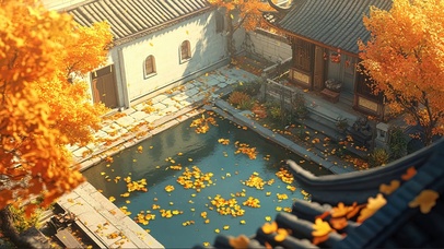 秋日古风庭院池塘落叶